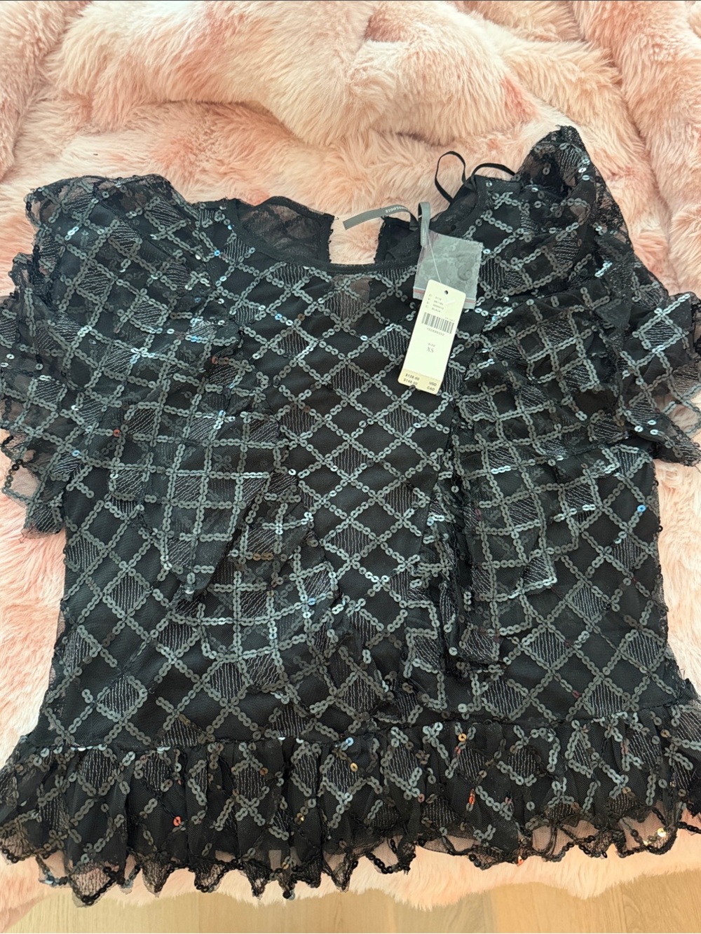 NWT Anthropologie Black Sequin Lattice Ruffle Blouse